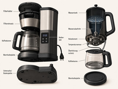 Die verschiedenen Teile einer Kaffeemaschine mit Filter und eines Perkolators Wie funktioniert eine Kaffeemaschine