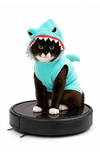 Katze auf einem Roboterstaubsauger